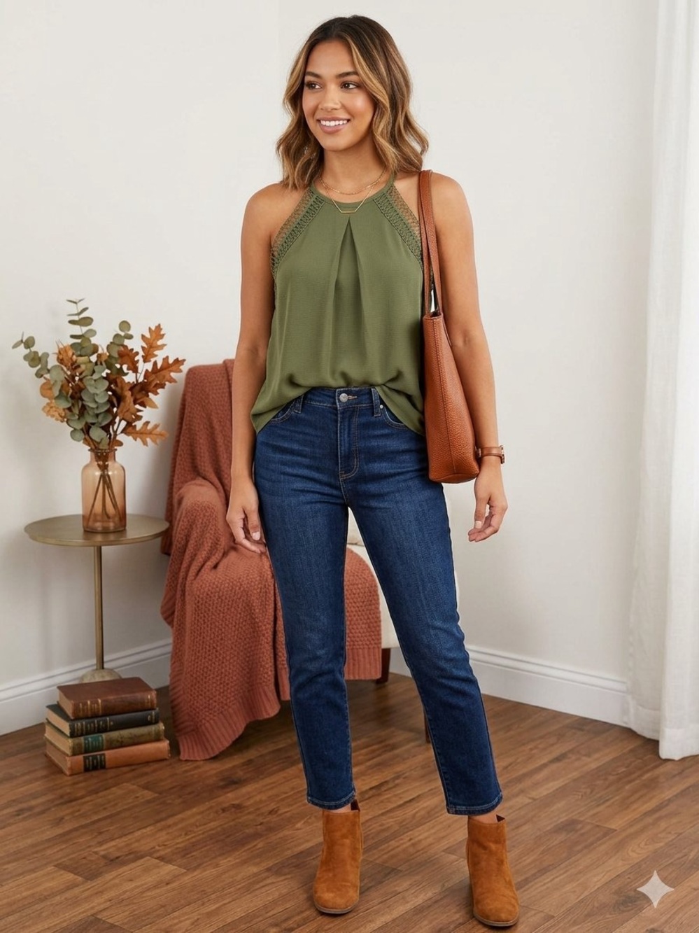 NWT Sweet Wanderer vintage hippie style Olive Green Mesh-Trim Halter Cami size S